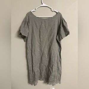 Saiph Italy 100% Linen Size 2X Ivy Lace Hem Ruffle Sleeve Shift Dress Army Green